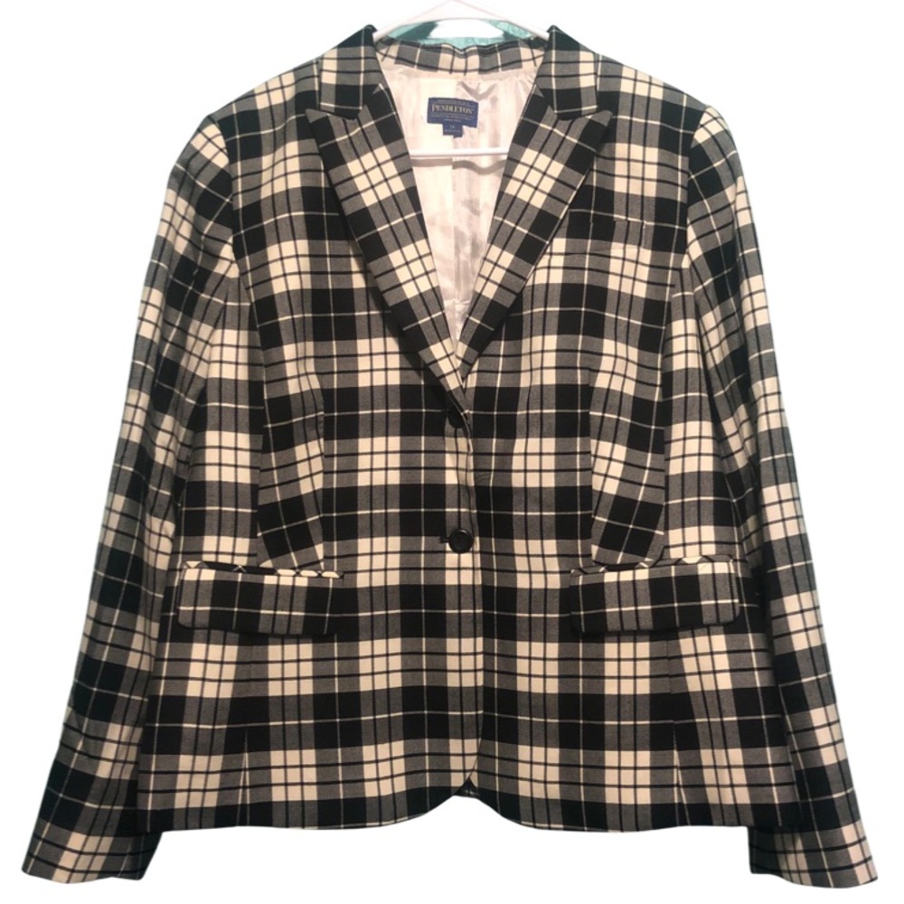 Pendleton Virgin Wool Black and Cream Plaid Blazer